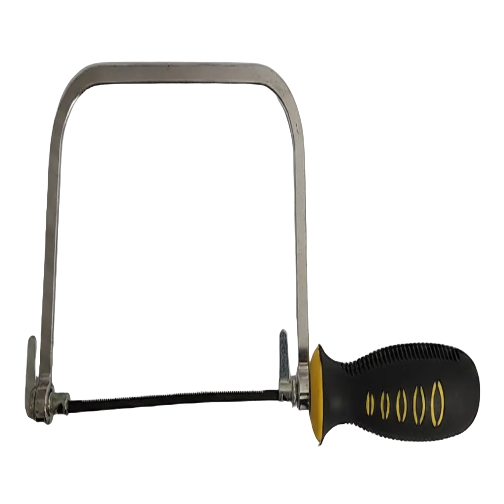 Metal coping saw with black handle on a white background