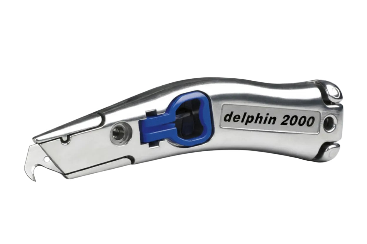 Metallic utility knife with 'delphin 2000' branding