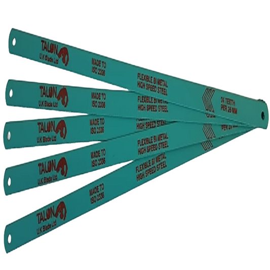 Five metal saw blades with 'Talon' branding on a white background