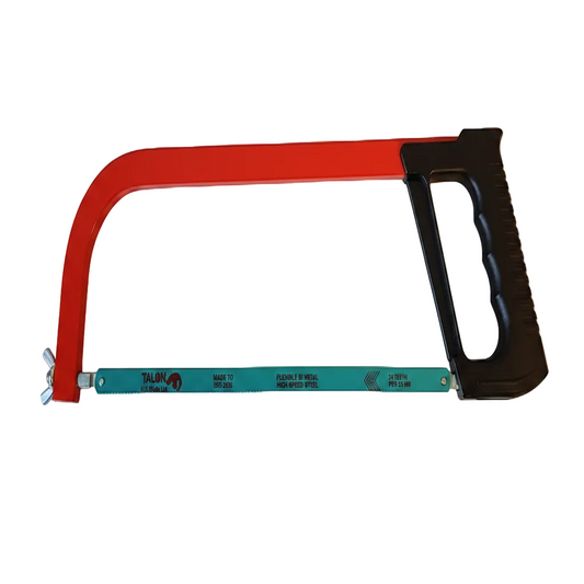 Hacksaw with red frame and black handle