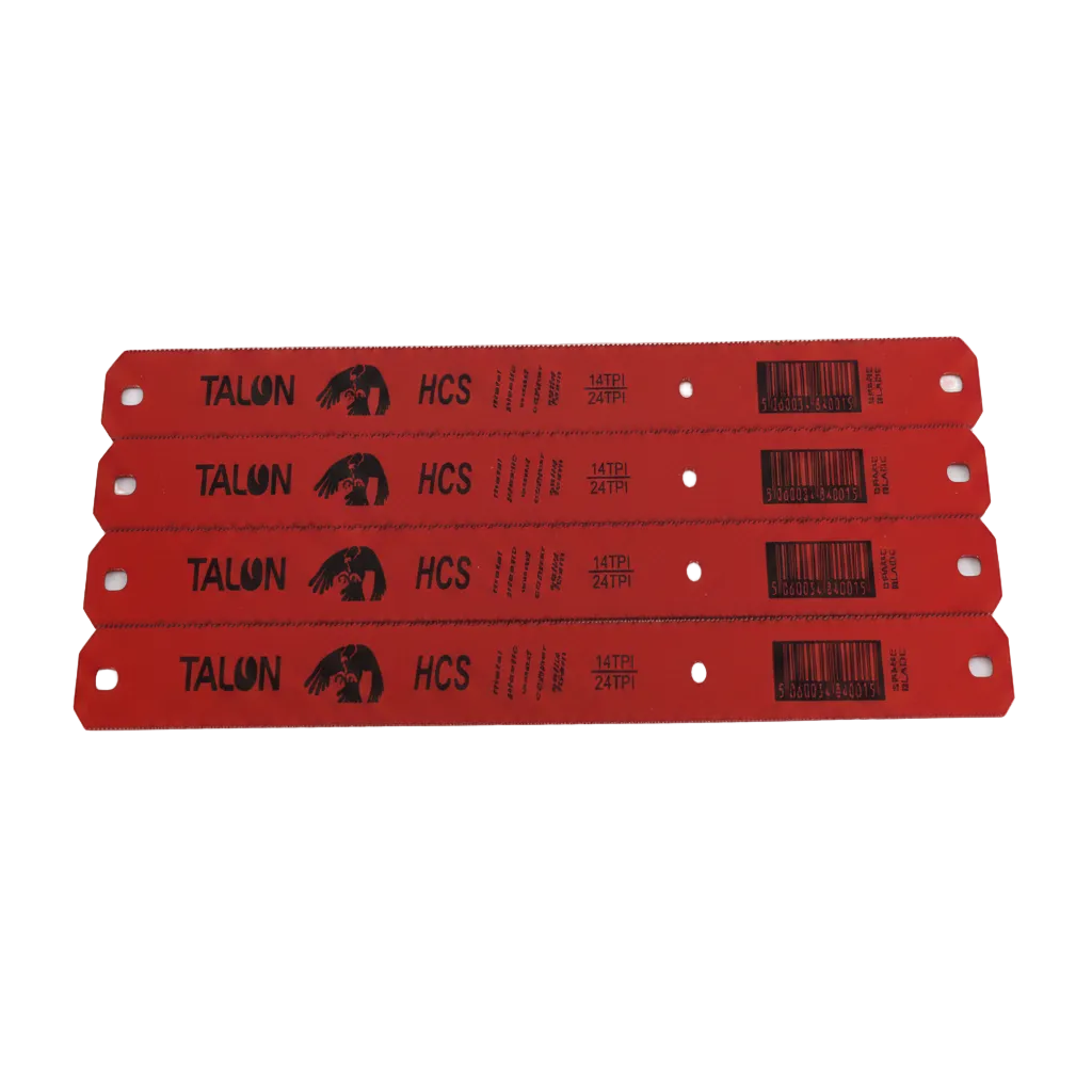 Five red Talon HCS (High Carbon Steel) saw blades on a white background