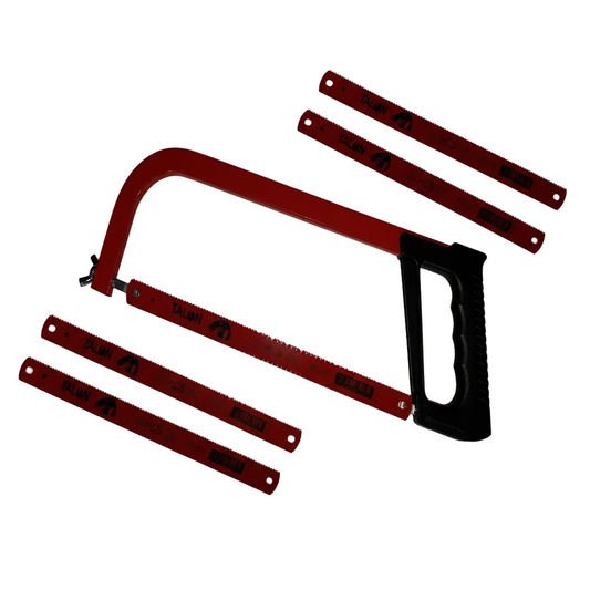 Red hacksaw with multiple blades on a white background