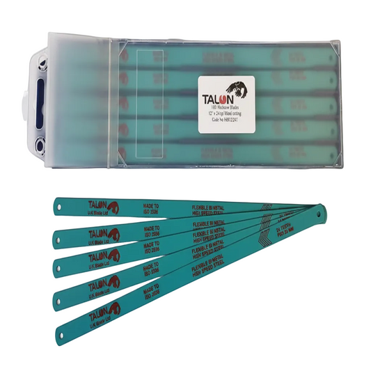Set of Talon metal cutting blades in a clear plastic case on a white background