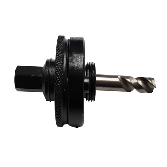 Drill bit with black chuck on a white background