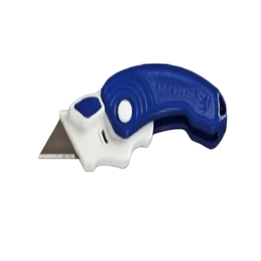 Blue and white utility knife on a gray background.