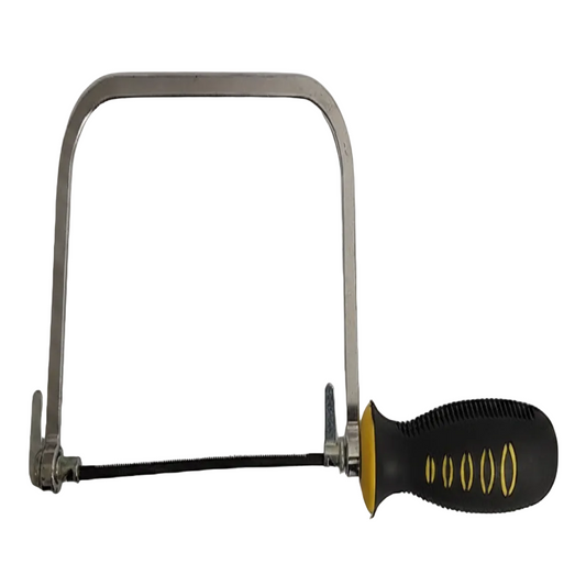 Metal coping saw with black handle on a white background