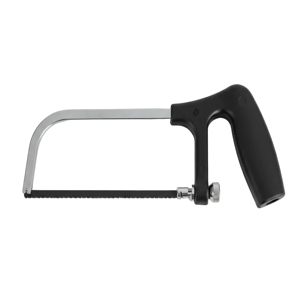 Black-handled saw on a white background
