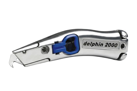 Metallic utility knife with 'delphin 2000' branding