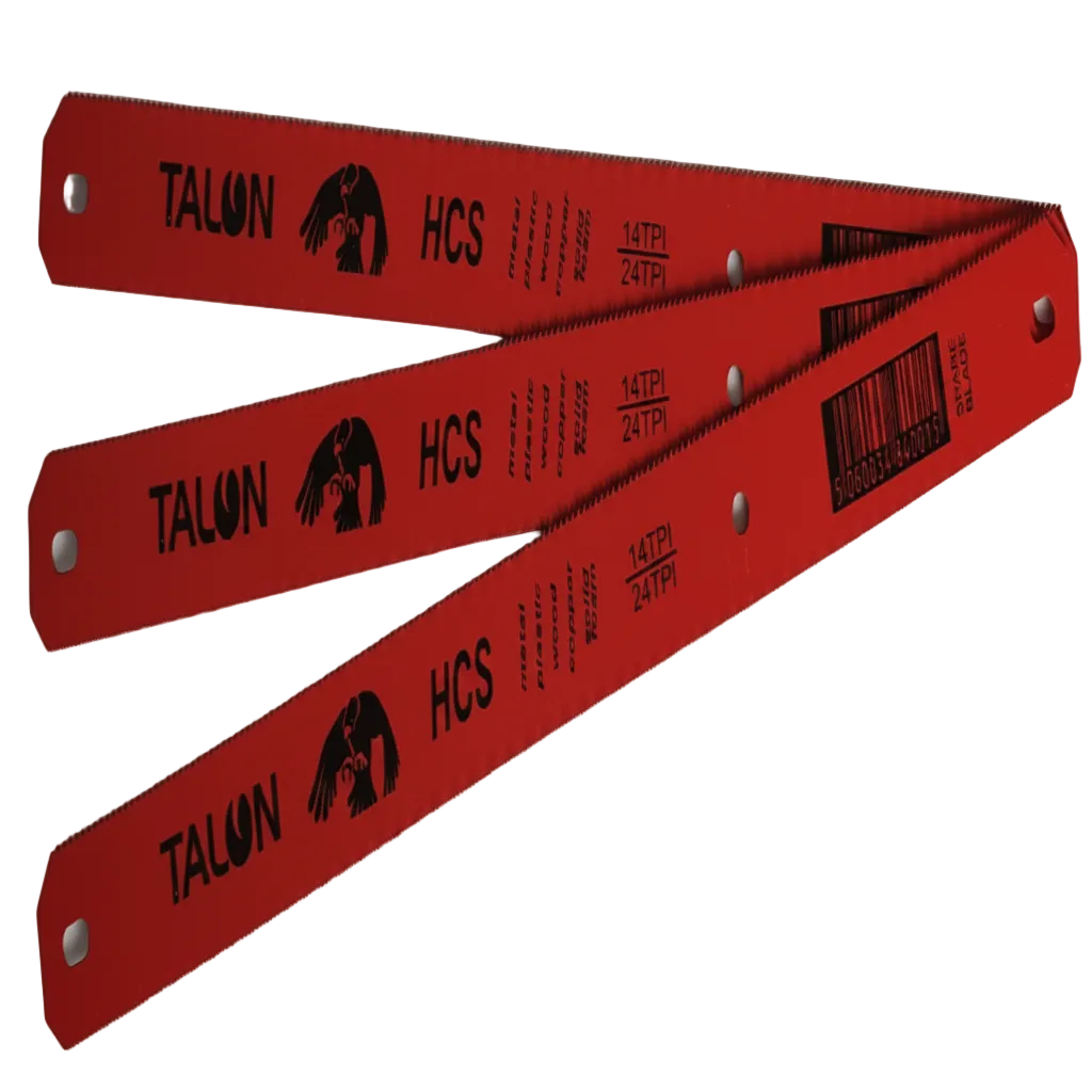 Three red Talon HCS (High Carbon Steel) saw blades on a white background