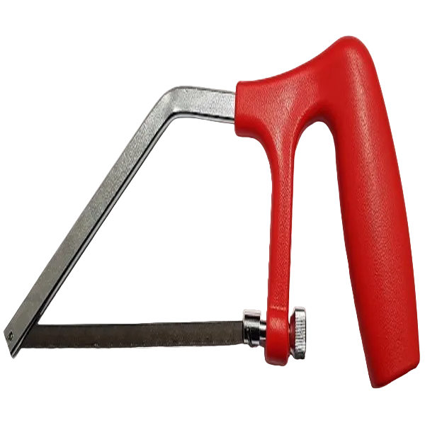 Red-handled saw on a white background