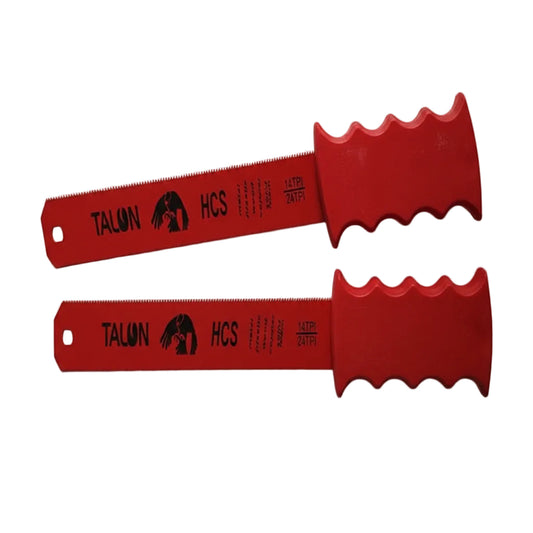 Two red Talon HCS saw blades on a white background