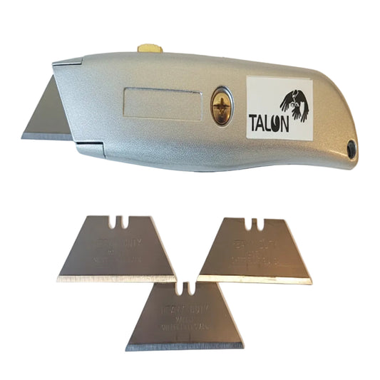 Retractable knife with two blades on a white background, featuring the 'Talon' brand.