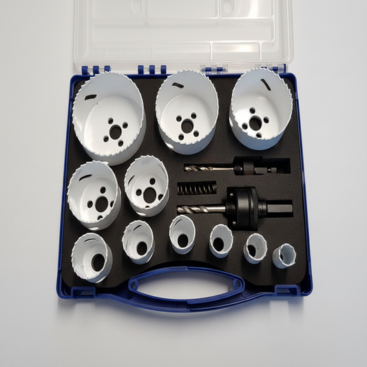 Set of hole saws and drill bits in a blue and white case