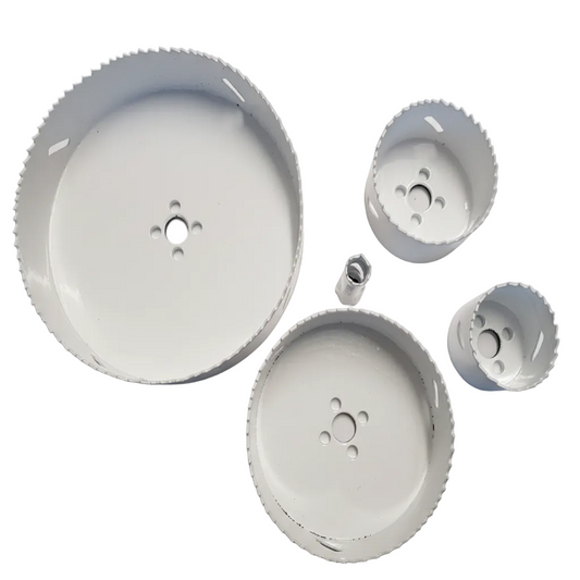 Set of metal circular saw blades on a white background