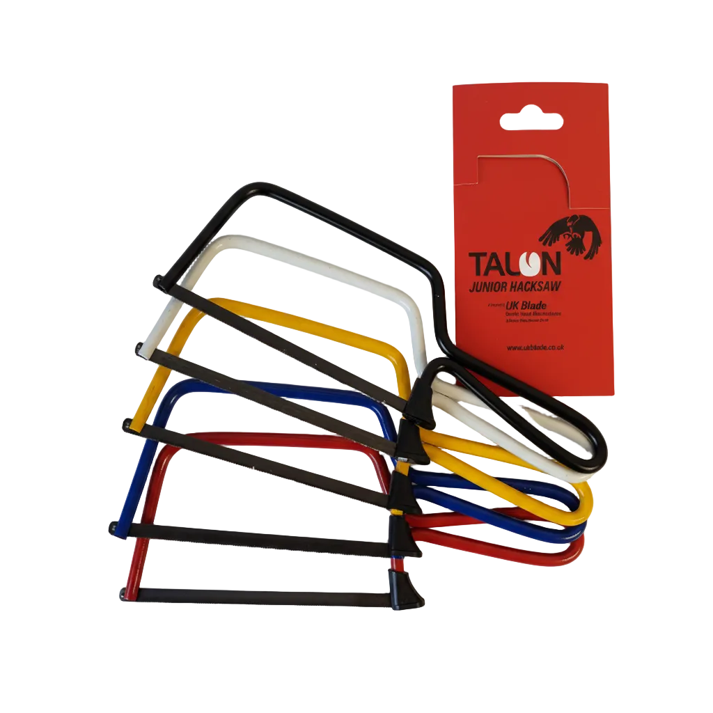 Set of colorful hacksaw blades with a red Talon packaging on a white background