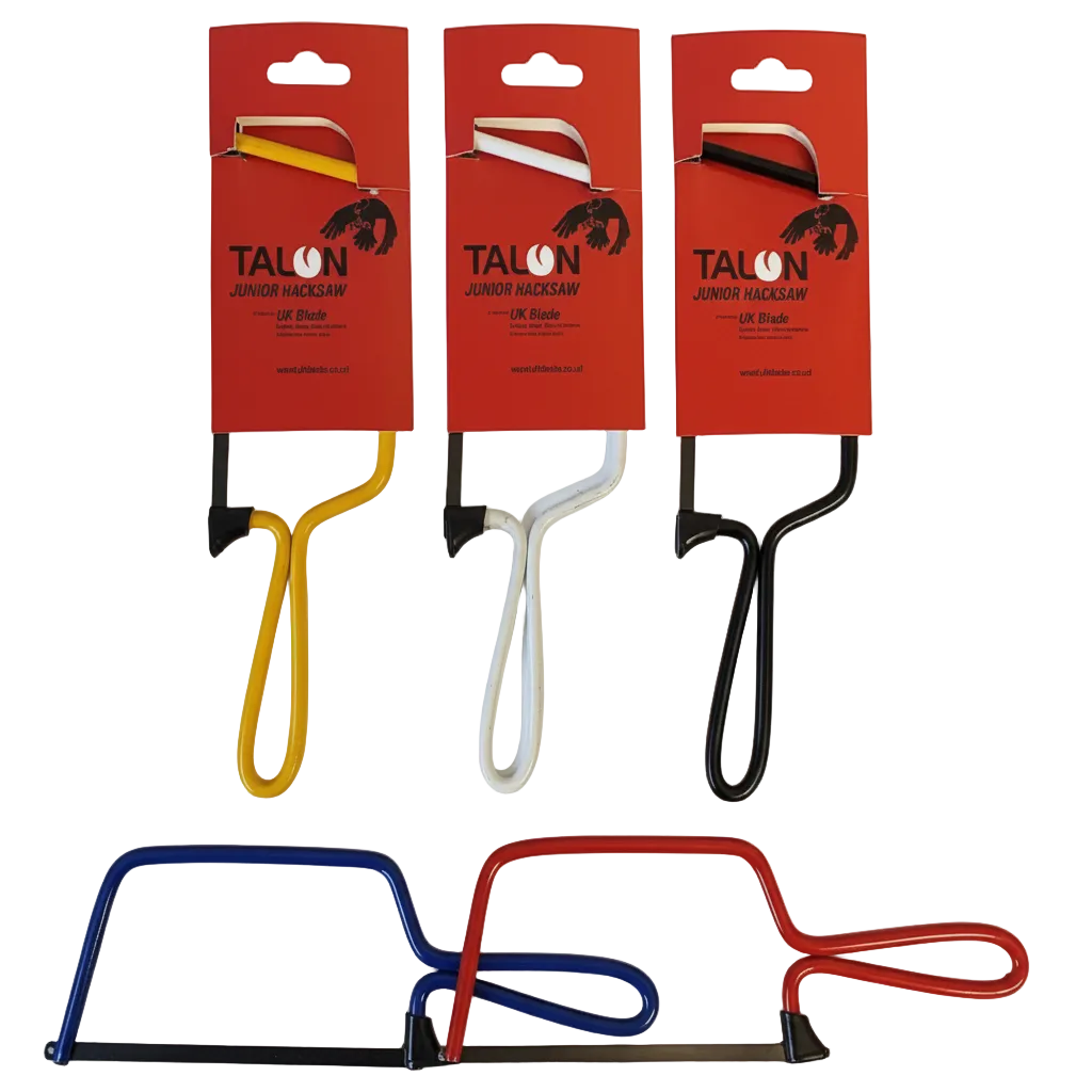 Three packages of Talon junior hacksaws with different colored handles on a white background.