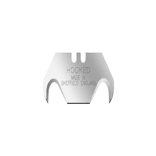 Metallic blade with 'Hooked Made in Sheffield England' text on a white background